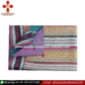 Vintage Sari Brocade Kantha Quilt Wholesale Stripe Hand Embroidered <b>Blanket</b> - Product Image 2