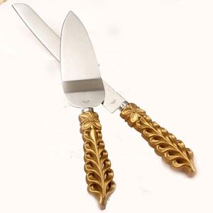 Flower Design Gold <b>Handle</b> Cake Serving Set Cake Knife & <b>Shovel</b> Silver Blade Cake Knife Sets - Product Image 2
