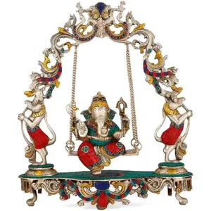 Brass đu chúa Ganesha với inlay làm việc | handmade màu Brass Tượng trang trí nội thất showpiece