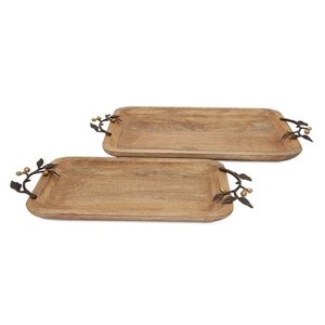 <b>Set</b> of 2 Natural Polished Carved Mango Wood <b>Serving</b> Trays with Brass Leaf Handles - Product Image 1