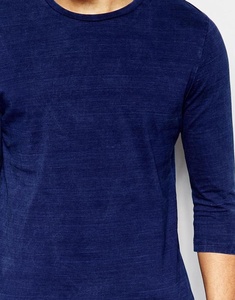 Cómoda Camiseta de manga tres cuartos con cuello redondo de gran tamaño para hombre, vaquero azul lavado ácido algodón losa inyectar suave al tacto estampado de punto - Product Image 6