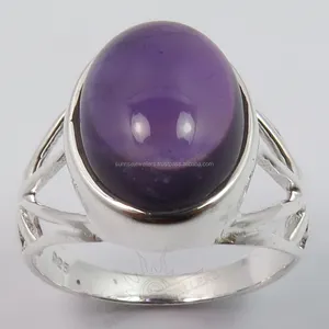 Améthyste violette naturelle lisse forme ovale sculptée bague en pierres précieuses 925 en argent Sterling fête porter des anneaux de mode pour les femmes taux de vrac - Product Image 1