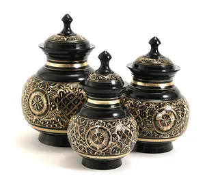 Modern Style Brass Cremation Urn With Black Spray Paint Finishing Gold Engraved Design For Funeral Services Set Of 3