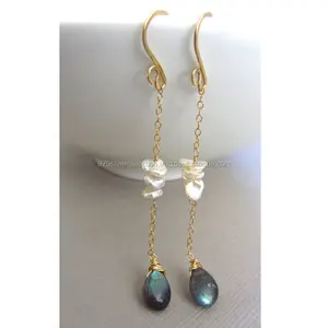 Perfect Design Labradorite And Freshwater Pearl Gemstone Gold Filled Hook Earrings