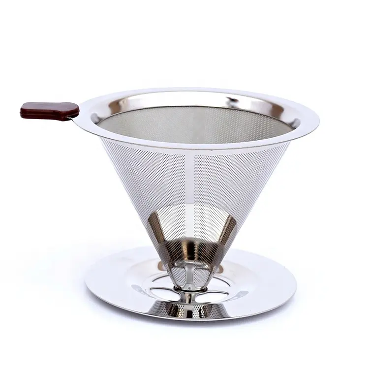 コーン3カップコーヒードリッパー再利用可能なステンレス鋼コーヒーフィルターメッシュカップスタンド付き
