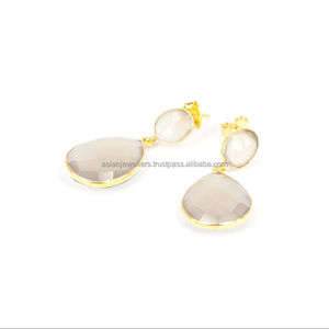 Pendientes colgantes de Plata de Ley 925, Gema de Calcedonia gris, oro - Product Image 1