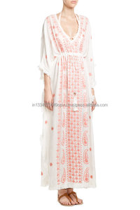 100% Cotton Wholesale Apparel Luxury Women Handmade Paisley Embroidered Fringed Hem V Neck Beach Wear Maxi Long <b>Kaftan</b> <b>Dress</b> - Product Image 5