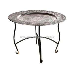 Table basse à dessus rond fini antique Mobilier de salon classique en métal Table basse marocaine côté orme occidental - Product Image 6