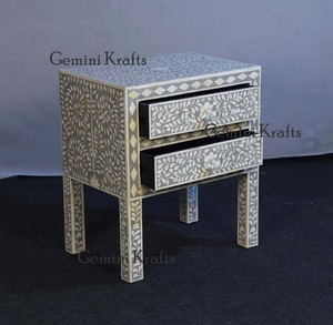 Mesita de noche moderna de madera MDF gris con incrustaciones de hueso, muebles de dormitorio de lujo con almacenamiento de estilo indio, uso en la sala de estar del hogar - Product Image 2