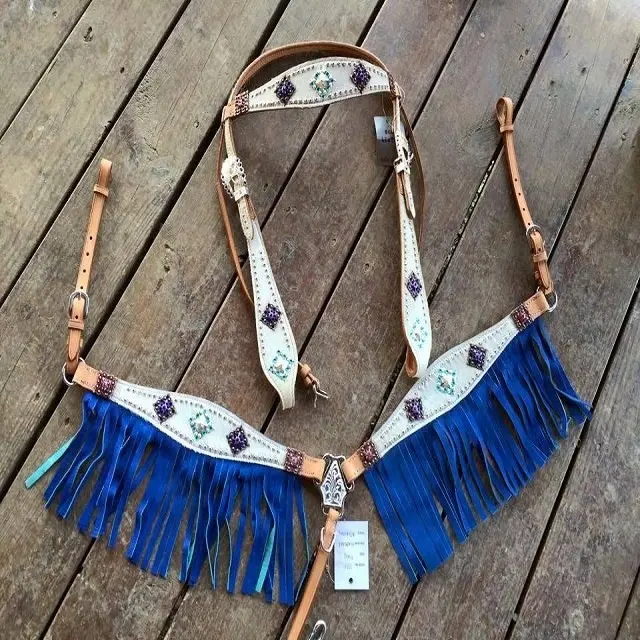 HORSE ORNAMENTS MADE IN INDIA FRINGE BEADED HEAD STALL BREAST COLLAR SET WITH REINS DD LEATHER HANDMADE