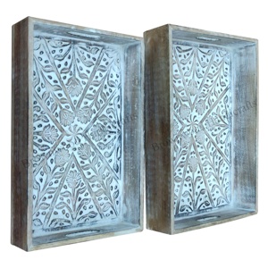 Plateau de service personnalisé en bois de manguier de qualité supérieure lot de 2 beaux plateaux sculptés à la main du fabricant indien au prix de gros - Product Image 4