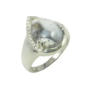Anillo de Plata de Ley 925 Hecho a Mano con Diseño Moderno, con Ágata Dendrítica en Forma de Pera y Engaste de Circonitas, Bañado en Oro, para Bodas y Fiestas - Product Image 1