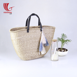 Algas Marinas de paja tejida Bolso tote de playa con manija de cuero borla/paja bolso de playa venta al por mayor - Product Image 6