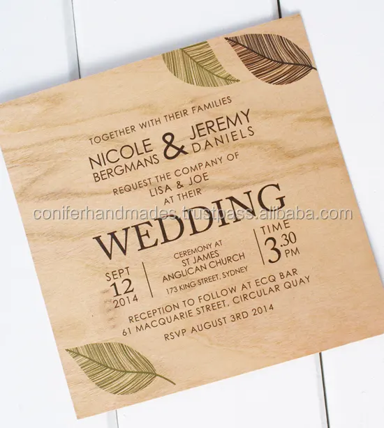 De Madera personalizada de tarjetas de boda personalizado con los textos impresos adecuado para boda tarjeta diseñadores boda papeleros de bodas