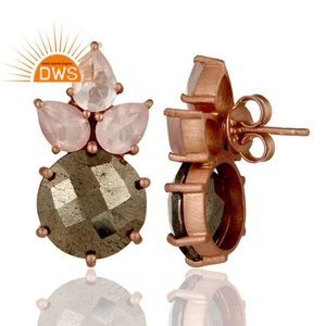 925 Silver Rose Gold Plated Pyrite And Rose Quartz Gemstone Girls Designer <b>Post</b> Stud <b>Earrings</b> Jewelry Wholesaler - Product Image 3