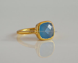 Bagues en calcédoine bleue en argent sterling 925 faites à la main avec vermeil or pour mariages fêtes anniversaires - Product Image 1