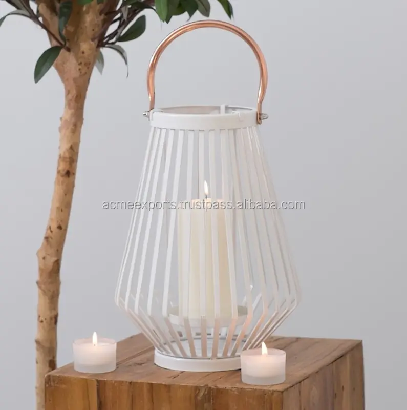 Farol de vela de alambre de Metal blanco para decoración del hogar, hecho en la India, mango de cobre