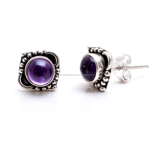 Handmade Admired 925 Sterling <b>Silver</b> <b>Stud</b> <b>Earring</b> with Amethyst Gemstone Gold Plated Online Wholesale Jewelry for Weddings - Product Image 1