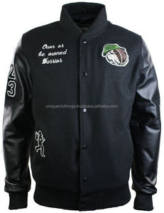 Chaqueta de béisbol universitaria negra para hombre, Mangas de cuero Real con bordado personalizado Varsity Jacket - Product Image 1