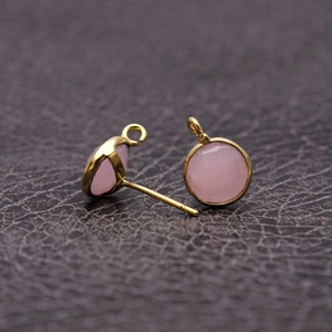 Boucles d'oreilles en pierre précieuse de calcédoine rose, forme ronde, plaqué or, fait à la main, connecteur de boucle, boucles d'oreilles, paires, fabrication de boucles d'oreilles, fourniture - Product Image 2
