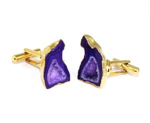 Nouvelle collection de boutons de manchette Druzy géode violette naturelle plaqué or jaune bijoux de cadeau de mariage pour hommes et garçons pour les fêtes - Product Image 2