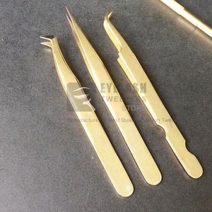 Logotipo personalizado Pinzas de extensión de pestañas de acero inoxidable sostenibles chapadas en oro curvadas de 45/90 grados Diseño duradero antiestático - Product Image 4