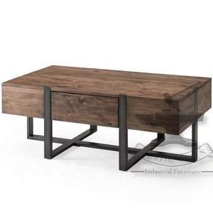 Table Basse Industrielle Vintage en Fer et Bois avec Tiroir Extensible Meubles de Maison - Product Image 1