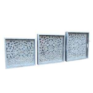 Plateau de décoration en bois sculpté à la main Plateau de service en bois personnalisé Lot de 3 pour l'hôtel et le restaurant Fourniture de service et de décoration - Product Image 1