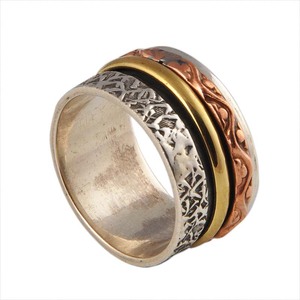 Anillo giratorio de meditación y antiestrés de plata de ley 925 clásico de tres tonos con textura de metal mixto (cobre y latón) para mujer, ideal para fiestas. - Product Image 2