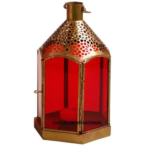 Steel Iron Tin golden metal red color glass Handicraft Lantern Lamp Tealight Diwali Multicolor 4X4X6 Inch lighting decoration