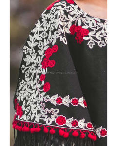 Impresionante colección, negro, Circular bordado a cuadros, Khadi Poncho Pom Trim Cape centrado en la capa, encaje deslumbrante caftán - Product Image 2