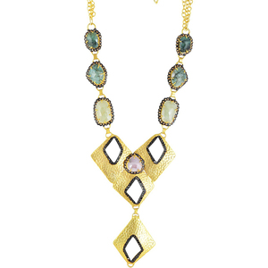 Collier en pierre précieuse saphir, Design marbré, plaqué or, pavé de diamant, ensemble de pierres précieuses - Product Image 1