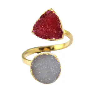卸売ジュエリー天然糖druzy trillion & round shape ring 24k gold electroplated ring double stone adjustable ring