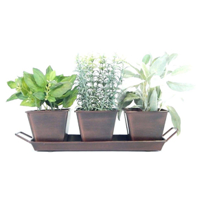 Antique Copper Metal Galvanized Planter <b>Pots</b> with Tray Set - Indoor <b>Herb</b> <b>Garden</b> - Product Image 1