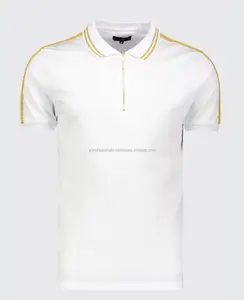 Groothandel T-shirt Mannen 3D Foto Custom T-shirt Voor Sublimatie Afdrukken, mannen White & Gold Spier Fit Polo Met Tape