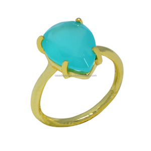 Genuine Prong <b>Set</b> Aqua Chalcedony Gemstone Gold Plated925 Silver <b>Ring</b> Jewelry Fashionable <b>Ring</b> <b>For</b> Wedding Anniversary <b>For</b> <b>Women</b> - Product Image 1