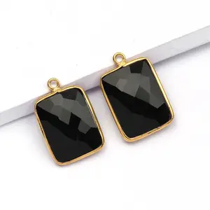 High Quality 14x18mm Natural Black Onyx Faceted Stone Bezel 18k Gold Plated Sterling Silver Rectangle Charm Pendant For Necklace