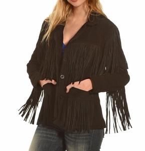 Chaqueta occidental con flecos para mujer, vaquera de cuero de ante, auténtica, americana - Product Image 1