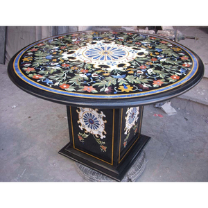 Plateau de table en marbre artificiel incrusté, marbre indien poli et base en pierre semi-précieuse - Product Image 1