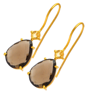 Pendientes de piedras preciosas de cuarzo ahumado de pera Briolette, joyería de plata de ley 925, alambre de oreja colgante de moda de oro para mujeres, bodas - Product Image 1