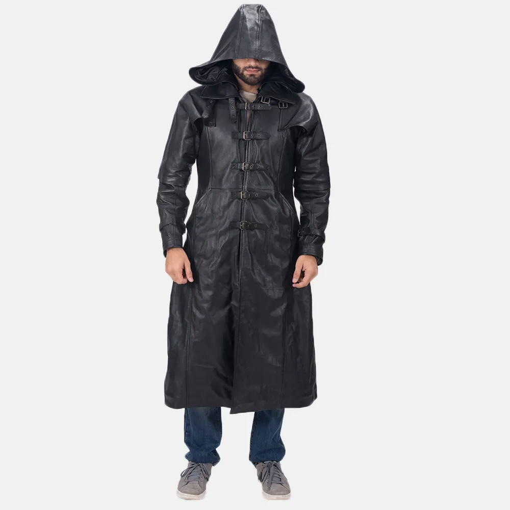 पुरुषों की नई फैशन हंट्समैन काला Hooded Cowhide चमड़े खाई कोट शीर्ष गुणवत्ता सामग्री के साथ
