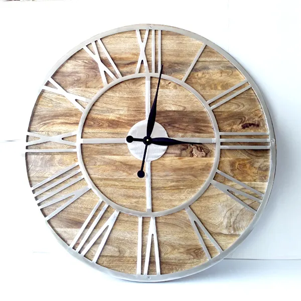 large metal and wood wall clock