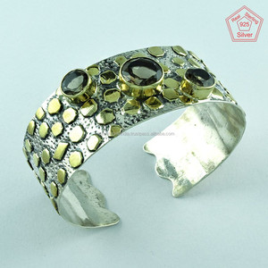 Brazaletes de latón de dos tonos de piedra de cuarzo ahumado Vintage de Plata de Ley 925 para bodas, fiestas y regalos - Product Image 2