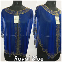 Poncho long élégant pour femme en tissu résille exclusif, orné de perles et de broderies de sequins, uni, décontracté, à manches courtes, respirant, grande taille