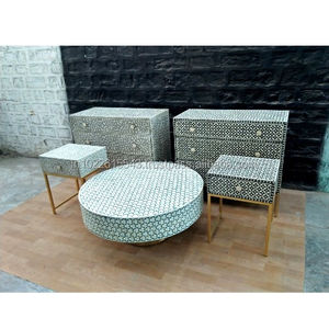 Mesa de centro con incrustaciones de hueso redondo, muebles con incrustaciones de hueso - Product Image 4