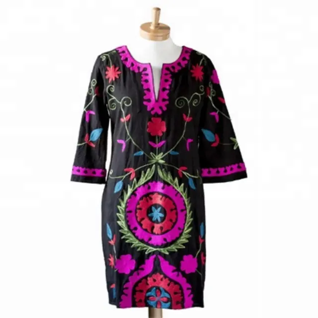 100% 공장 가격 여성 코튼 긴 디자이너 튜닉 70s 빈티지 자수 멕시코 드레스 여름 패션 멕시코 수 놓은