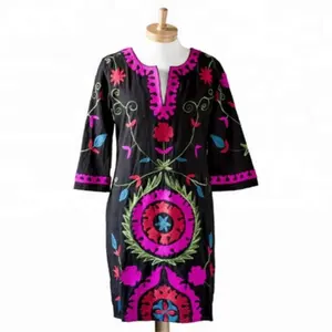 100% Factory Price women Cotton Long Designer Tunic 70s Vintage Embroidery Mexican Dress Summer fashion Mexican embroidered