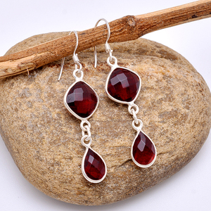 Coussin Poire Briolette Coupe Rouge Grenat Argent Sterling Pierres Précieuses Boucles D'oreilles Bijoux Poire, Princesse Forme Boucle D'oreille De Mode - Product Image 2