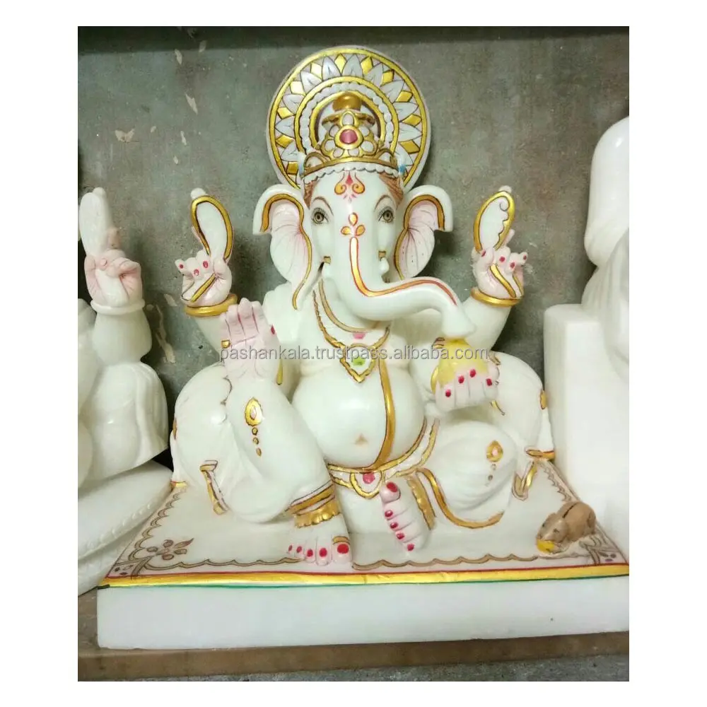 Tượng Đẹp Thần Ganesha Đá Cẩm Thạch Trắng, Thần Sơn Vàng, Ganesh Vàng