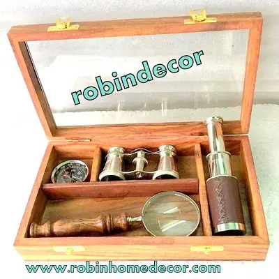 Vintage Nautical Design wooden with glass gift box with Magnifier, Compass,Telescope & Binoculars.